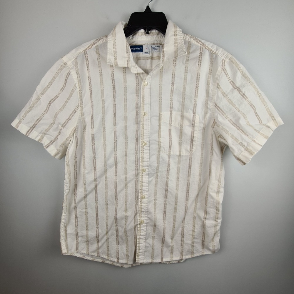 Old Navy Mens Everyday Shirt Large White Tan Dobby Stripe Short Sleeve Button Up